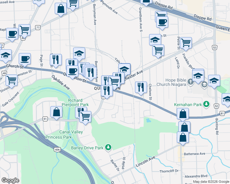map of restaurants, bars, coffee shops, grocery stores, and more near 225 Queenston Street in St. Catharines