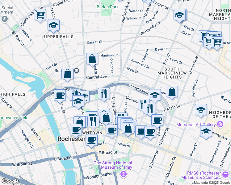 map of restaurants, bars, coffee shops, grocery stores, and more near 11 University Avenue in Rochester