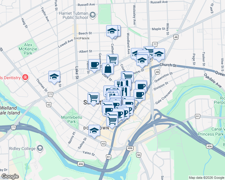 map of restaurants, bars, coffee shops, grocery stores, and more near 82 Church Street in St. Catharines