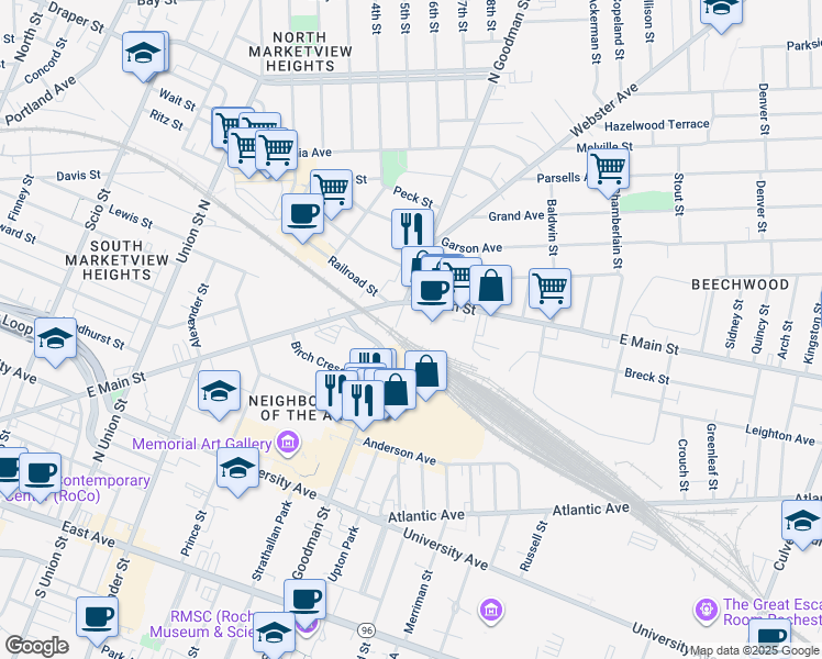 map of restaurants, bars, coffee shops, grocery stores, and more near 1115 East Main Street in Rochester