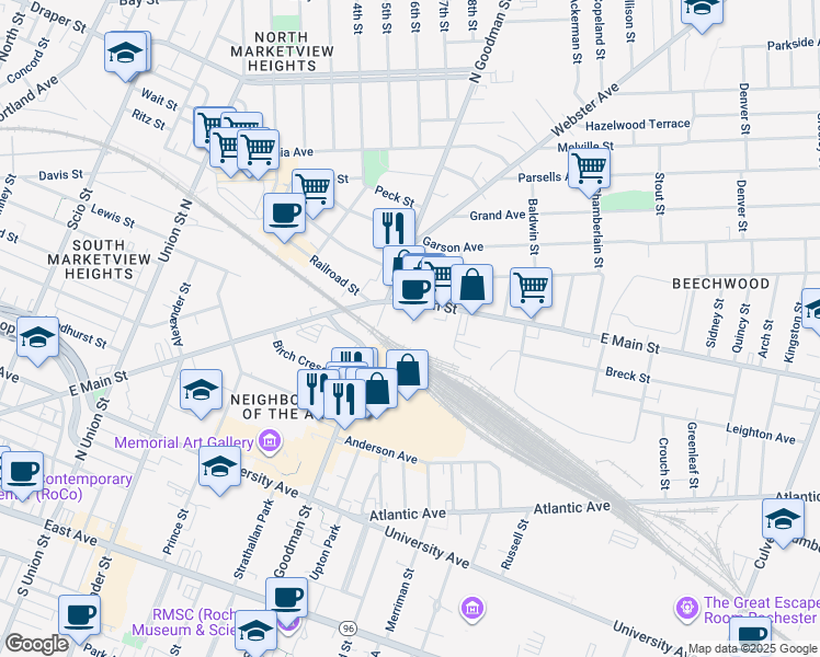 map of restaurants, bars, coffee shops, grocery stores, and more near 1115 East Main Street in Rochester