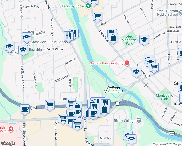 map of restaurants, bars, coffee shops, grocery stores, and more near 121 Welland Vale Road in St. Catharines