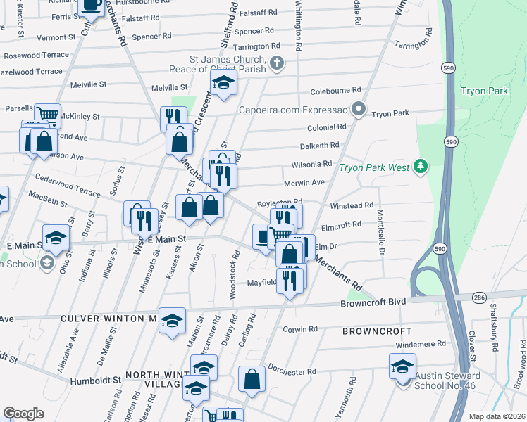 map of restaurants, bars, coffee shops, grocery stores, and more near 312 Merchants Road in Rochester