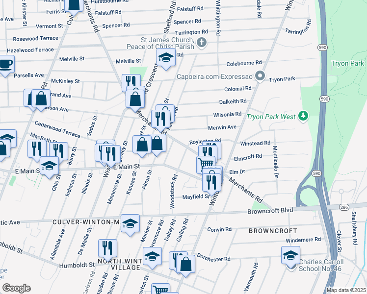 map of restaurants, bars, coffee shops, grocery stores, and more near 197 Woodstock Road in Rochester
