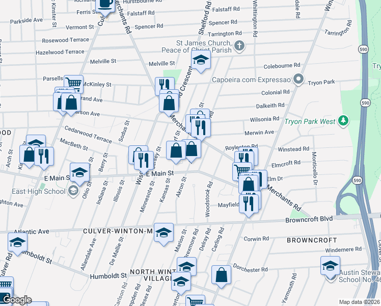 map of restaurants, bars, coffee shops, grocery stores, and more near 212 Akron Street in Rochester