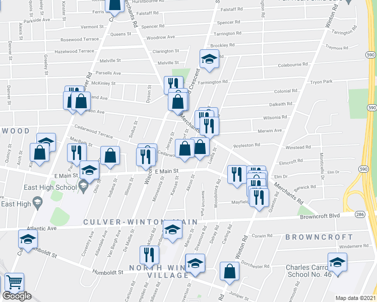 map of restaurants, bars, coffee shops, grocery stores, and more near 735 Cedarwood Terrace in Rochester