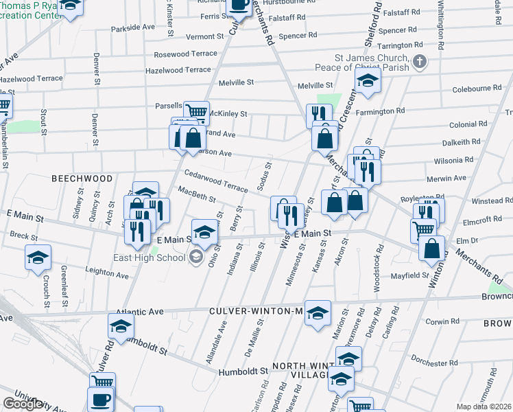 map of restaurants, bars, coffee shops, grocery stores, and more near 221 Illinois Street in Rochester