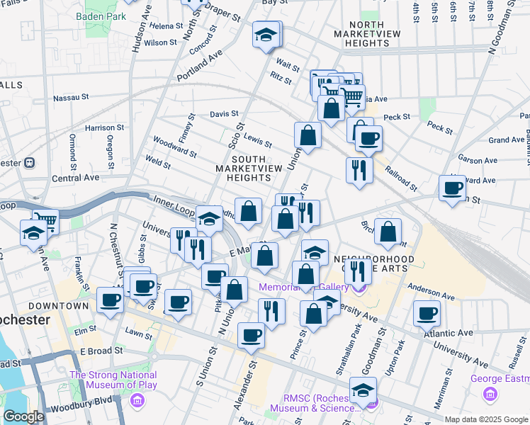 map of restaurants, bars, coffee shops, grocery stores, and more near 146 Union Street North in Rochester