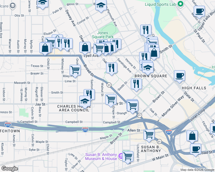 map of restaurants, bars, coffee shops, grocery stores, and more near 773 West Broad Street in Rochester