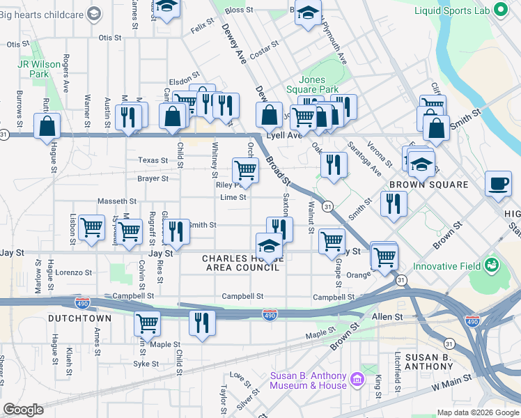 map of restaurants, bars, coffee shops, grocery stores, and more near 718 Smith Street in Rochester