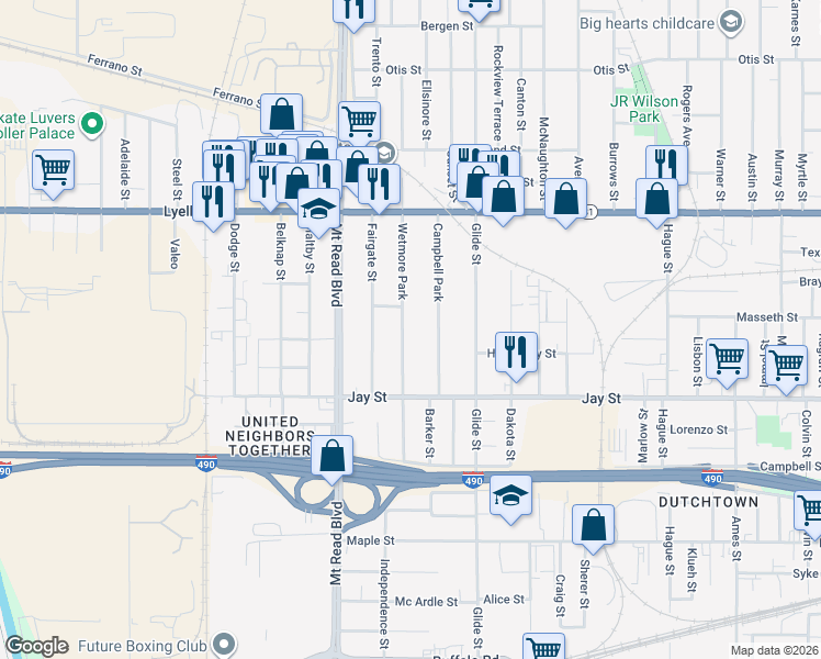 map of restaurants, bars, coffee shops, grocery stores, and more near 78 Wetmore Park in Rochester