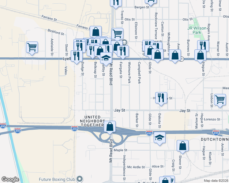 map of restaurants, bars, coffee shops, grocery stores, and more near 516 Mount Read Boulevard in Rochester