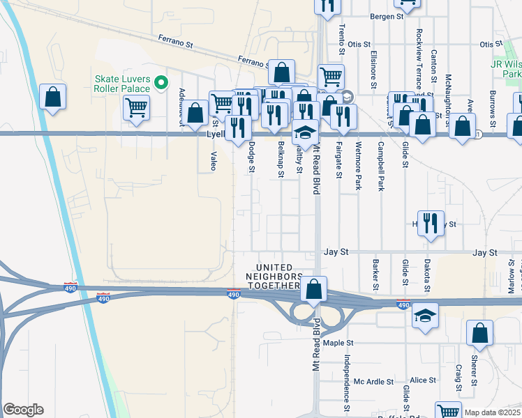 map of restaurants, bars, coffee shops, grocery stores, and more near 106 Falmouth Street in Rochester
