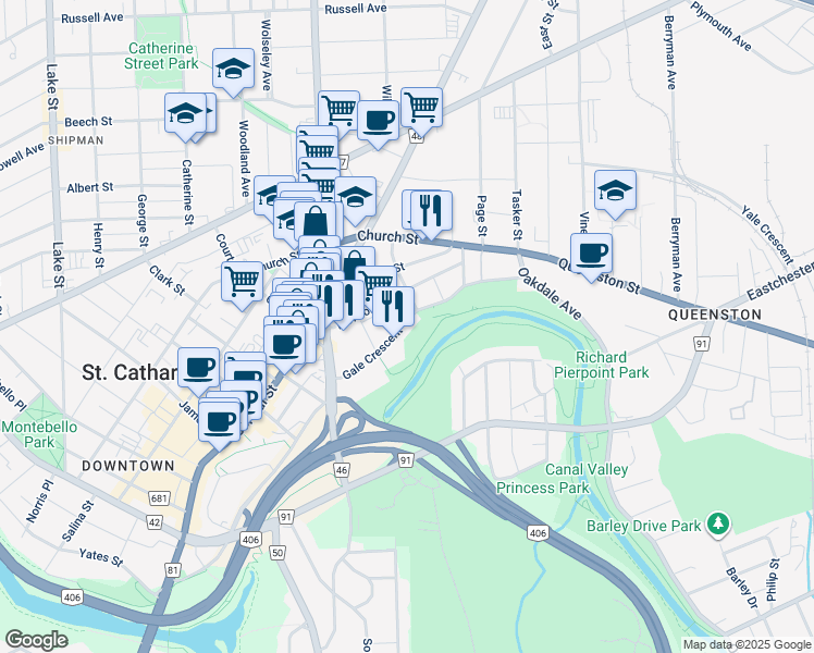 map of restaurants, bars, coffee shops, grocery stores, and more near 21 Riordon Street in St. Catharines