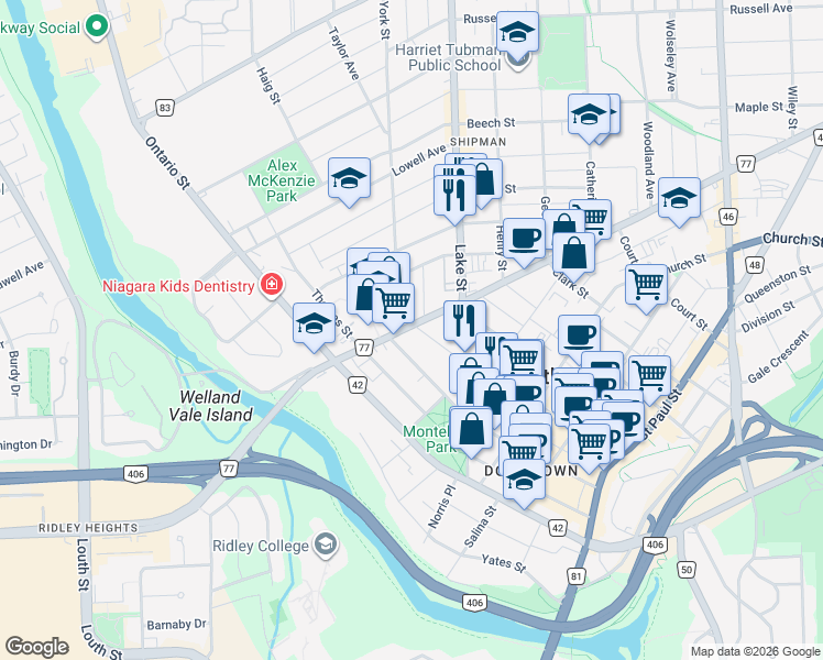 map of restaurants, bars, coffee shops, grocery stores, and more near 38 Welland Avenue in St. Catharines