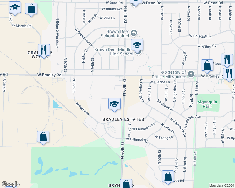 map of restaurants, bars, coffee shops, grocery stores, and more near 7871-7873 North 60th Street in Milwaukee