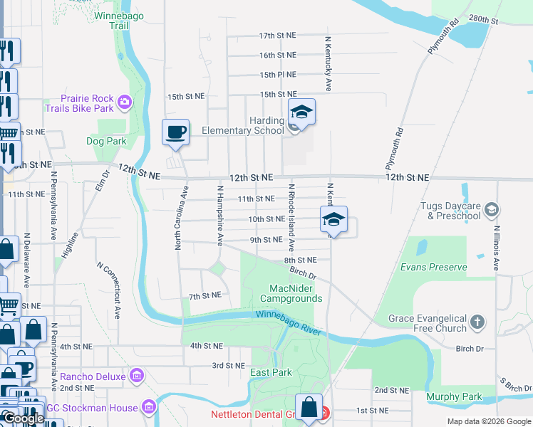 map of restaurants, bars, coffee shops, grocery stores, and more near 821 10th Street Northeast in Mason City