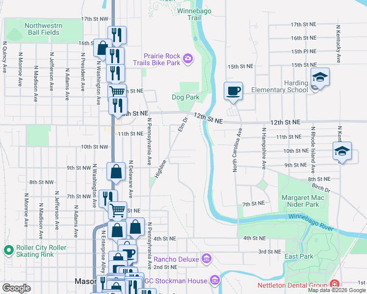 map of restaurants, bars, coffee shops, grocery stores, and more near 323 10th Street Northeast in Mason City