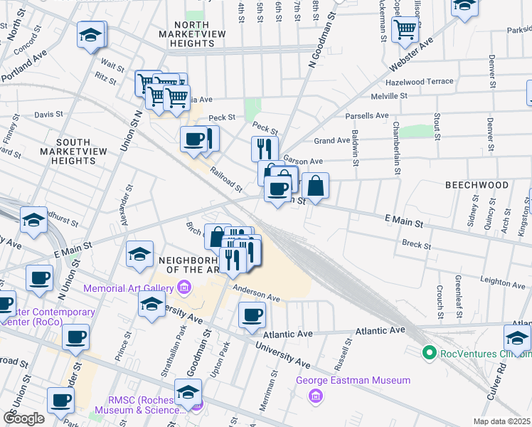 map of restaurants, bars, coffee shops, grocery stores, and more near 1115 East Main Street in Rochester