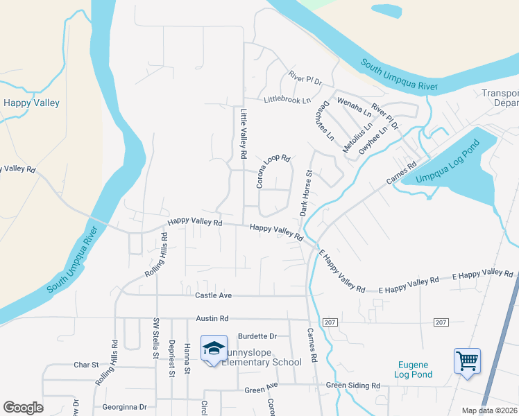 map of restaurants, bars, coffee shops, grocery stores, and more near 136 Corona Loop Road in Roseburg