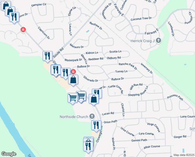 map of restaurants, bars, coffee shops, grocery stores, and more near 4116 Silverado Drive in Liverpool