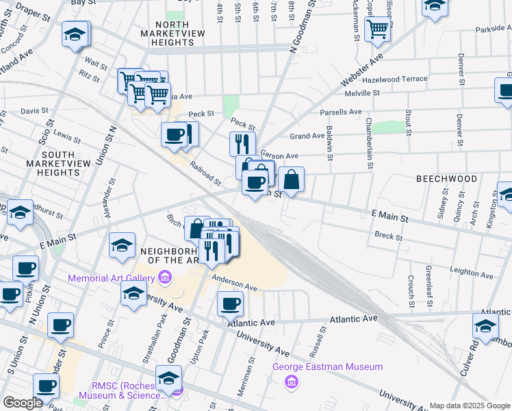 map of restaurants, bars, coffee shops, grocery stores, and more near 1115 Main Street East in Rochester