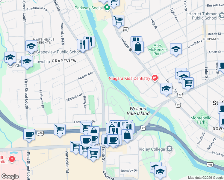 map of restaurants, bars, coffee shops, grocery stores, and more near 121 Welland Vale Road in St. Catharines