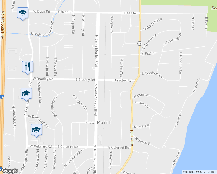 map of restaurants, bars, coffee shops, grocery stores, and more near 7919 North Boyd Way in Fox Point