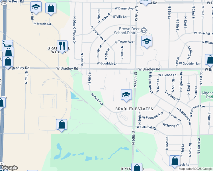 map of restaurants, bars, coffee shops, grocery stores, and more near 6401 West Bradley Road in Milwaukee