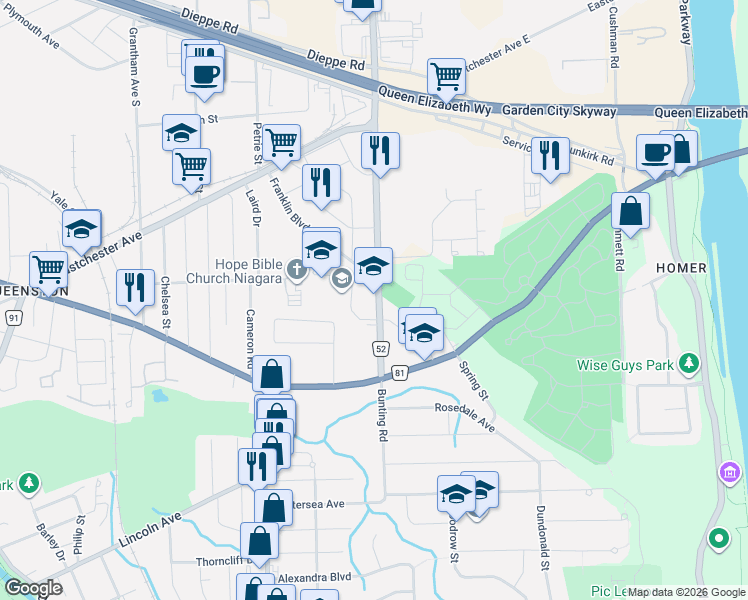 map of restaurants, bars, coffee shops, grocery stores, and more near 99 Bunting Road in St. Catharines