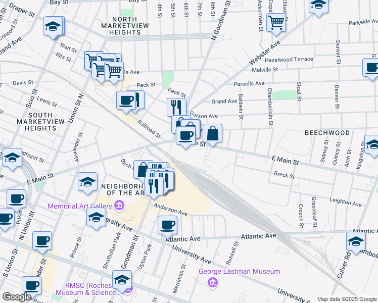 map of restaurants, bars, coffee shops, grocery stores, and more near 1115 East Main Street in Rochester