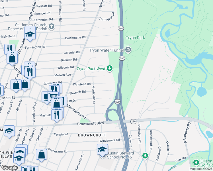 map of restaurants, bars, coffee shops, grocery stores, and more near 216 Elmcroft Road in Rochester