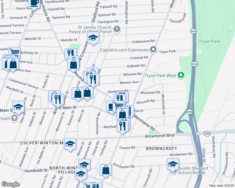 map of restaurants, bars, coffee shops, grocery stores, and more near 312 Merchants Road in Rochester