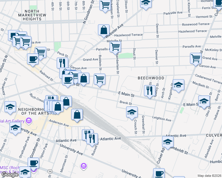 map of restaurants, bars, coffee shops, grocery stores, and more near 1307 East Main Street in Rochester