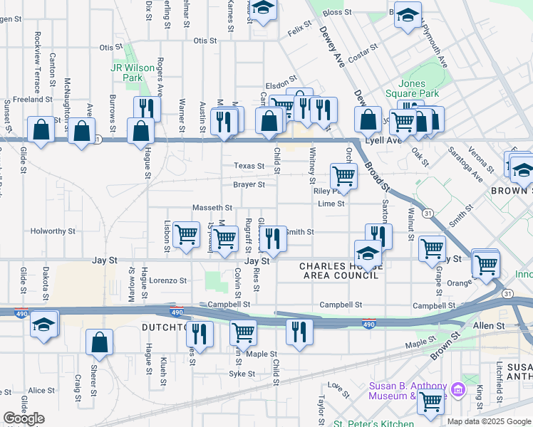 map of restaurants, bars, coffee shops, grocery stores, and more near 23 Glasser Street in Rochester