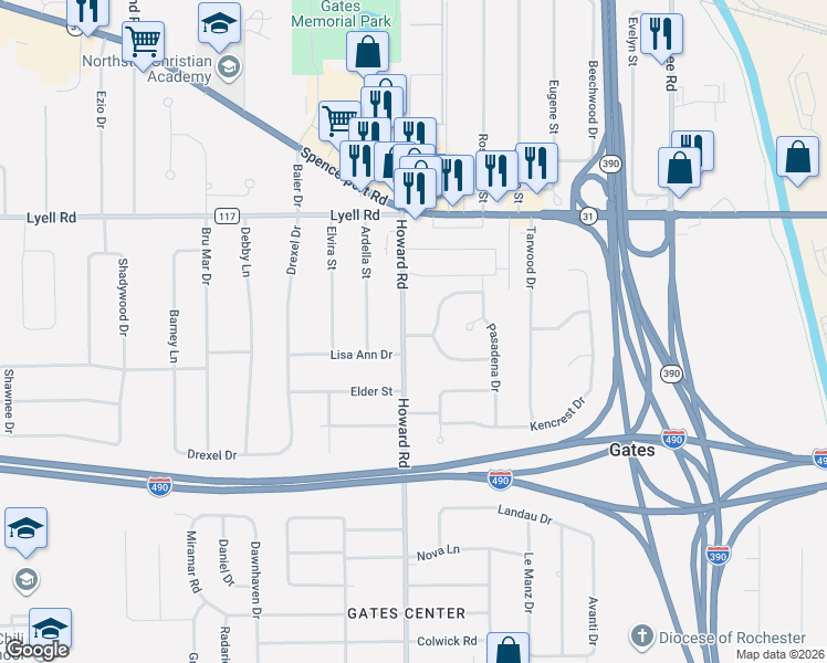 map of restaurants, bars, coffee shops, grocery stores, and more near 174 Howard Road in Rochester