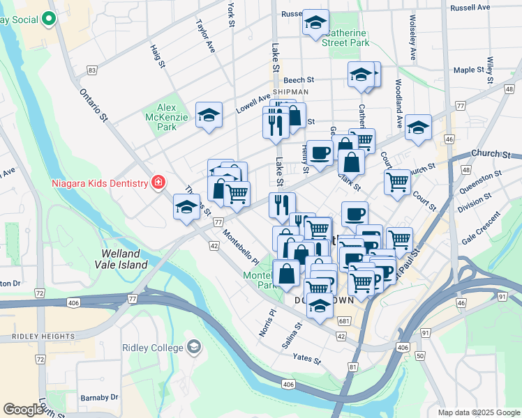 map of restaurants, bars, coffee shops, grocery stores, and more near in St. Catharines