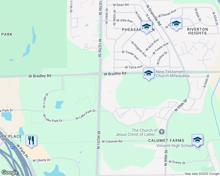 map of restaurants, bars, coffee shops, grocery stores, and more near 7960 North 107th Street in Milwaukee