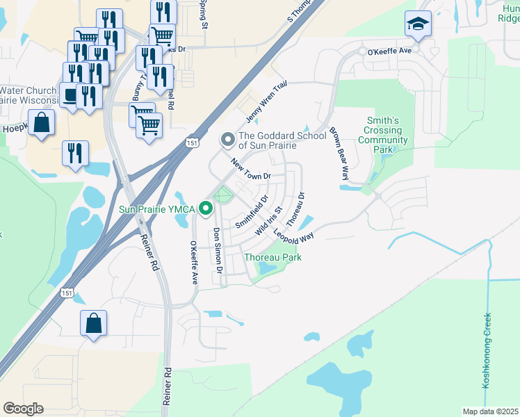 map of restaurants, bars, coffee shops, grocery stores, and more near 2502 Leopold Way in Sun Prairie