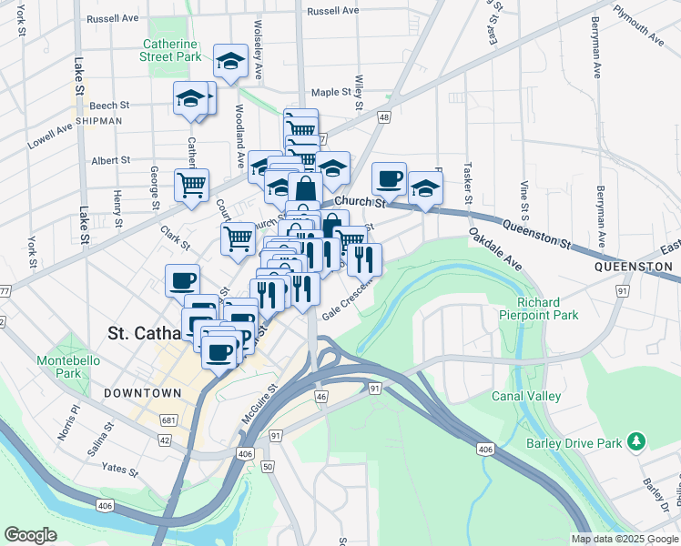 map of restaurants, bars, coffee shops, grocery stores, and more near 21 Riordon Street in St. Catharines