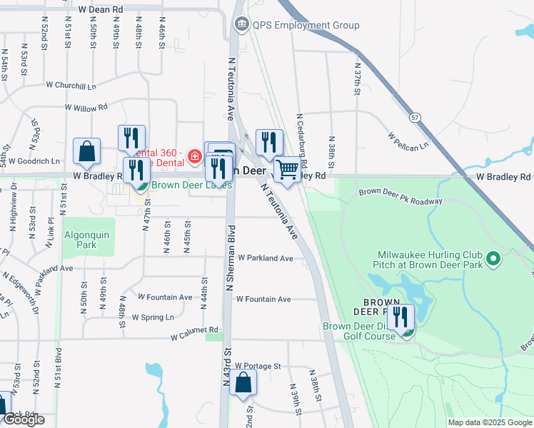 map of restaurants, bars, coffee shops, grocery stores, and more near 4114 West Woodale Avenue in Brown Deer