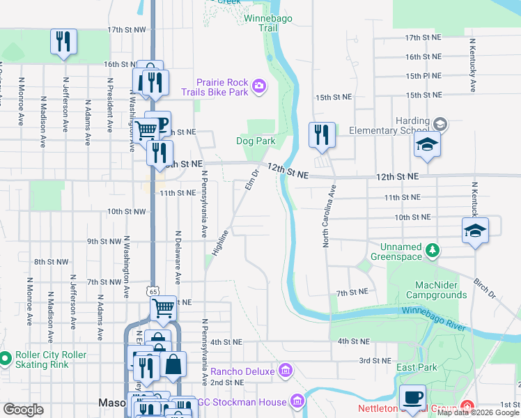 map of restaurants, bars, coffee shops, grocery stores, and more near 323 10th Street Northeast in Mason City
