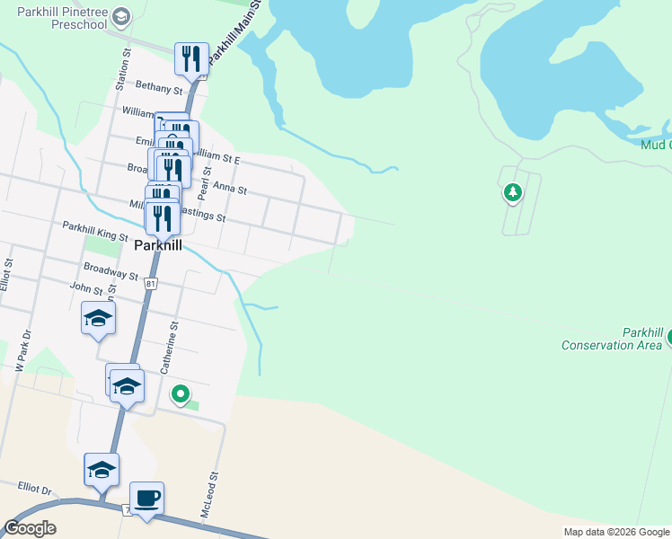 map of restaurants, bars, coffee shops, grocery stores, and more near 297 Hastings Street in Parkhill