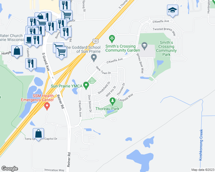 map of restaurants, bars, coffee shops, grocery stores, and more near 2502 Leopold Way in Sun Prairie