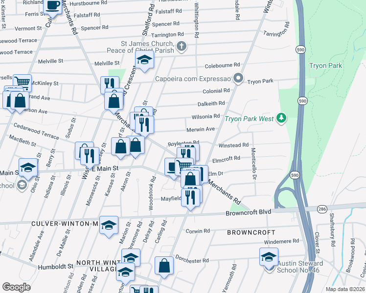 map of restaurants, bars, coffee shops, grocery stores, and more near 312 Merchants Road in Rochester