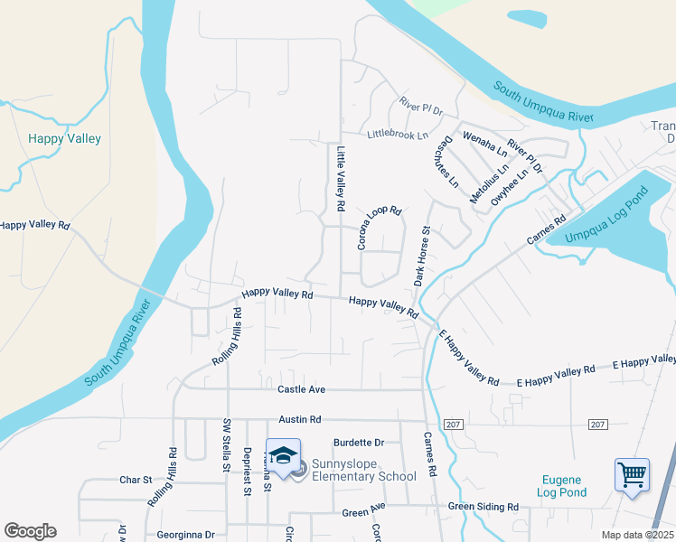 map of restaurants, bars, coffee shops, grocery stores, and more near 154 Little Valley Road in Roseburg