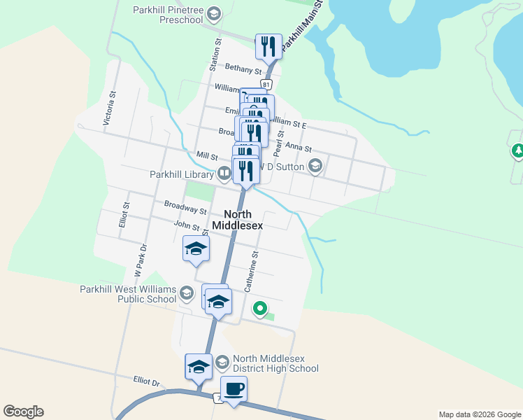 map of restaurants, bars, coffee shops, grocery stores, and more near 193 Catherine Street in North Middlesex