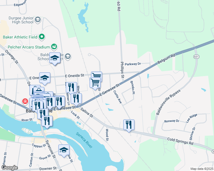 map of restaurants, bars, coffee shops, grocery stores, and more near 3 Pine Street in Baldwinsville