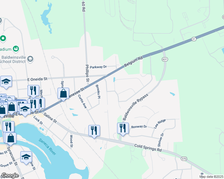 map of restaurants, bars, coffee shops, grocery stores, and more near 129 Festa Fairway Lane in Baldwinsville