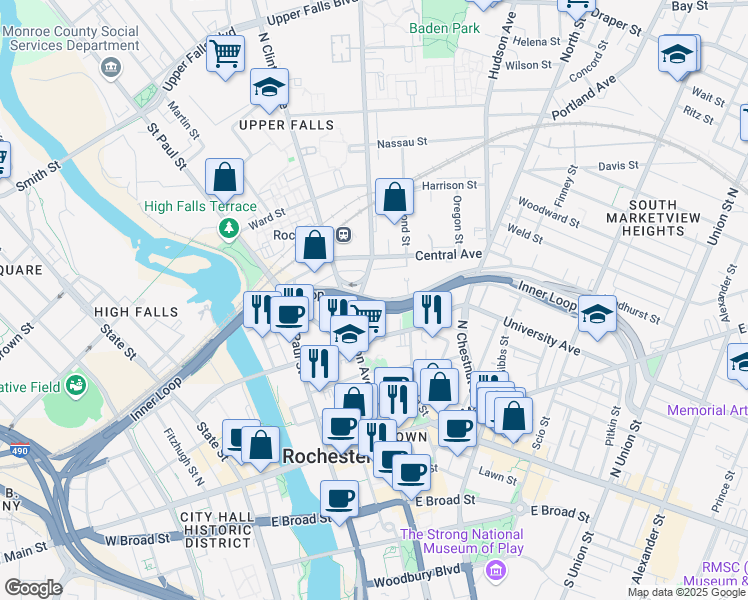 map of restaurants, bars, coffee shops, grocery stores, and more near in Rochester